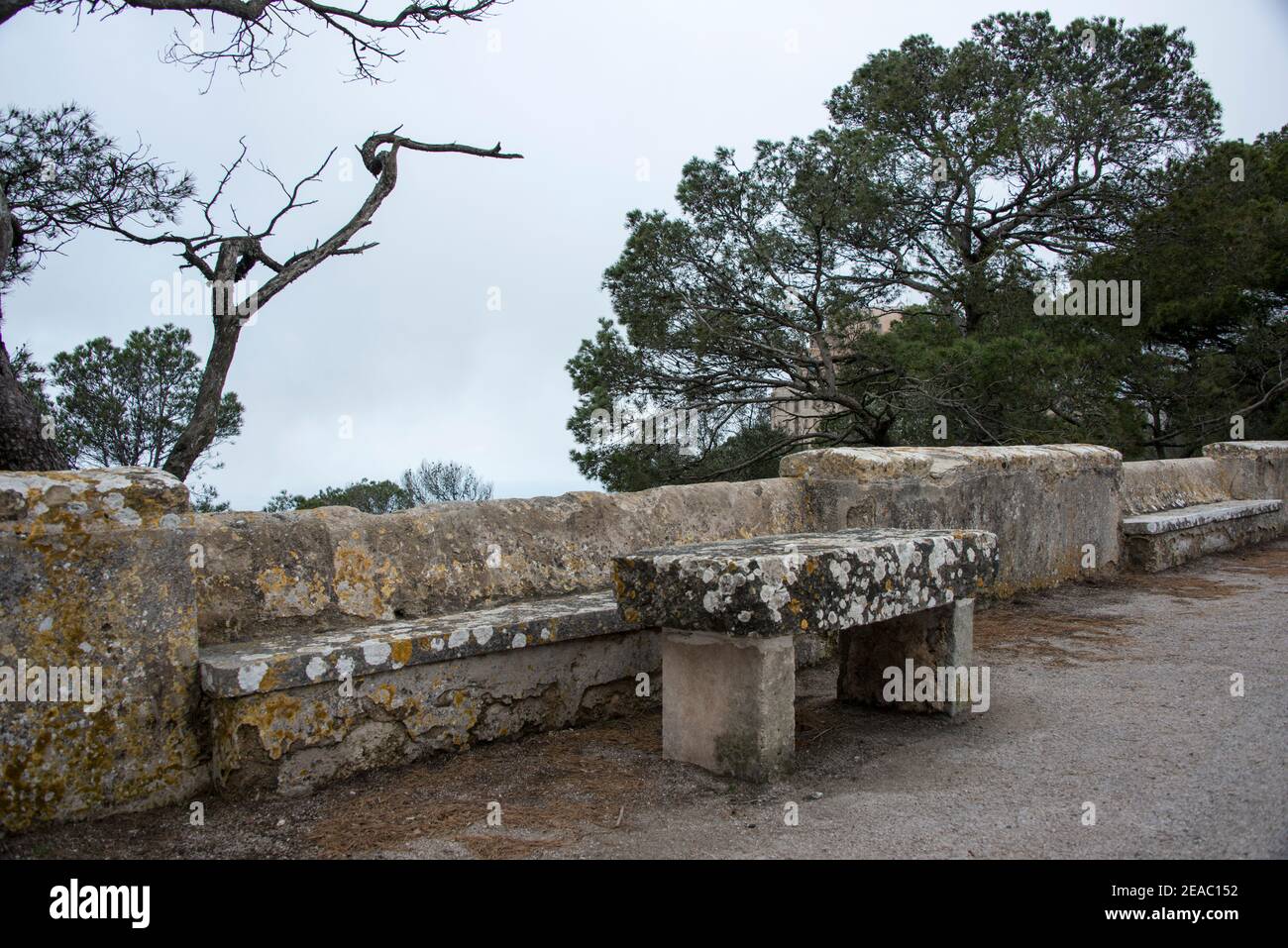 Park bench with a view, Santuari de Sant Salvador, Mallorca Stock Photo