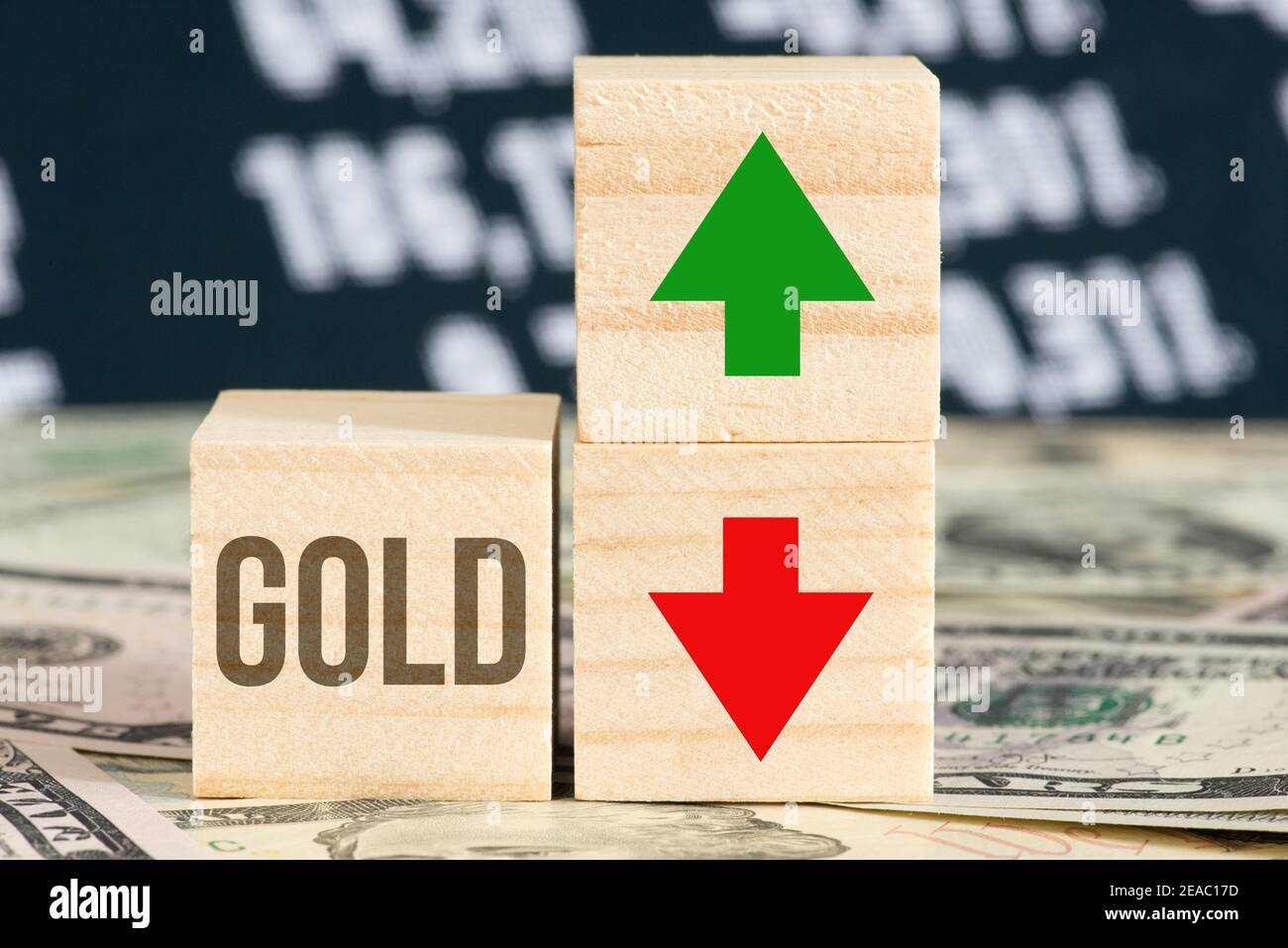 Dollar bills and gold price Stock Photo