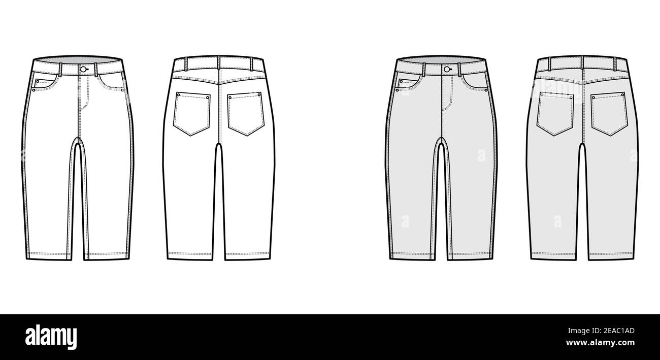 Short Back Rise Shape Denim short pants technical fashion illustration with knee length, low ...