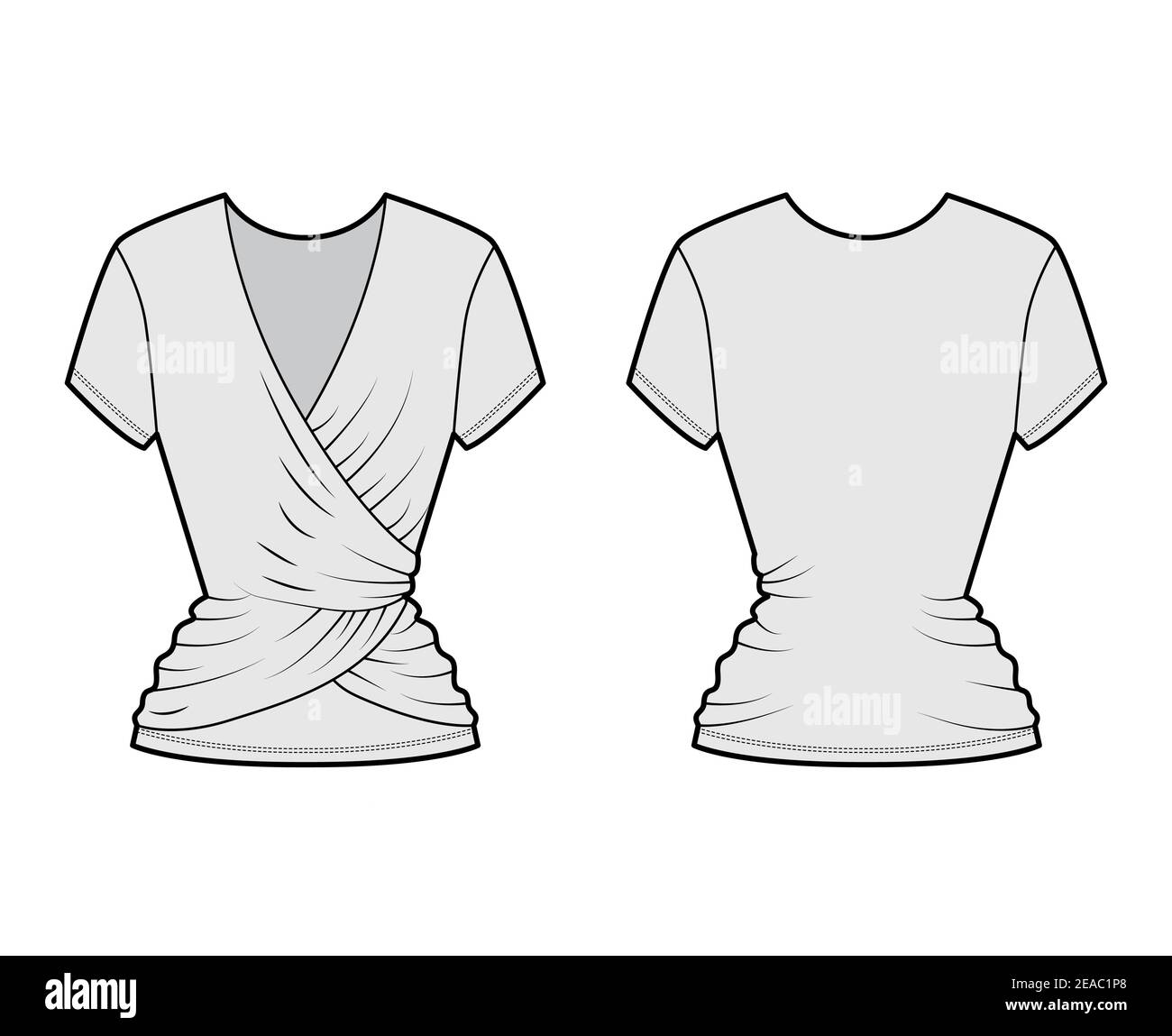 Ballet wrap top technical fashion illustration with short sleeves, fitted  body, stretch cotton. Flat apparel shirt template front, back, grey color.  Women, men unisex CAD mockup Stock Vector Image & Art -
