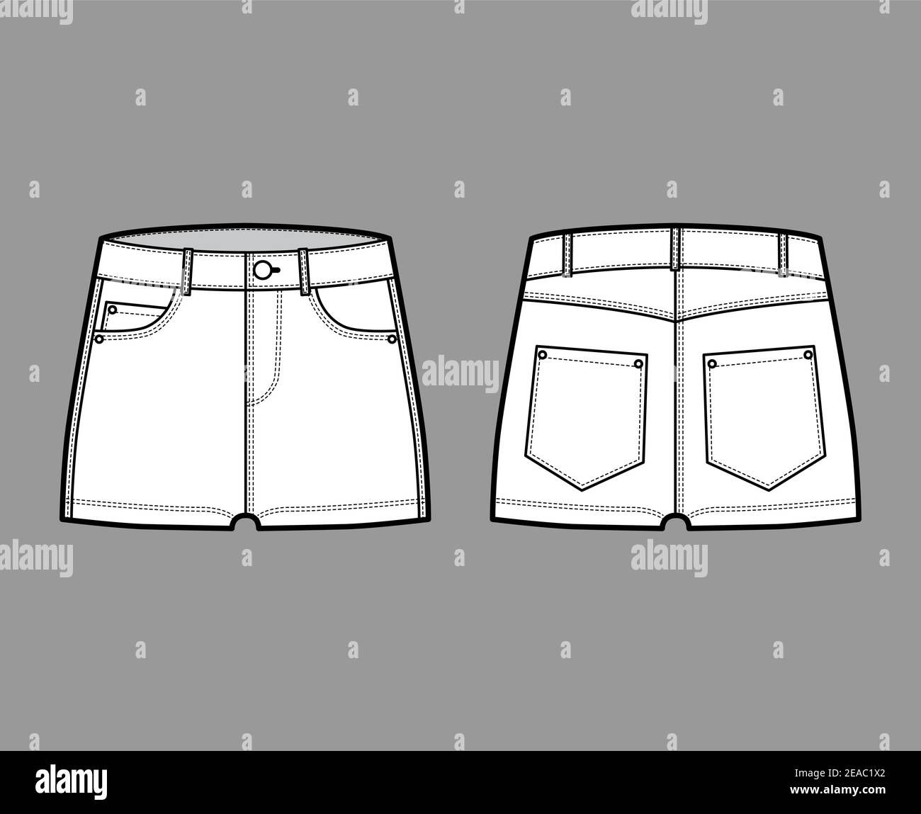 Denim hot short pants technical fashion illustration with micro length, low waist, low rise, 5 pockets. Flat bottom apparel template front, back, white color style. Women, men, unisex CAD mockup Stock Vector