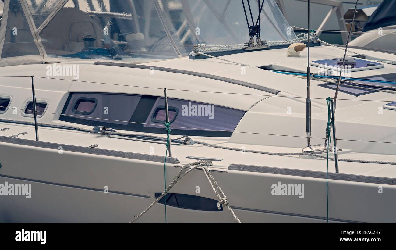 Close up of a luxury boat showing the deck and and its equipment Stock