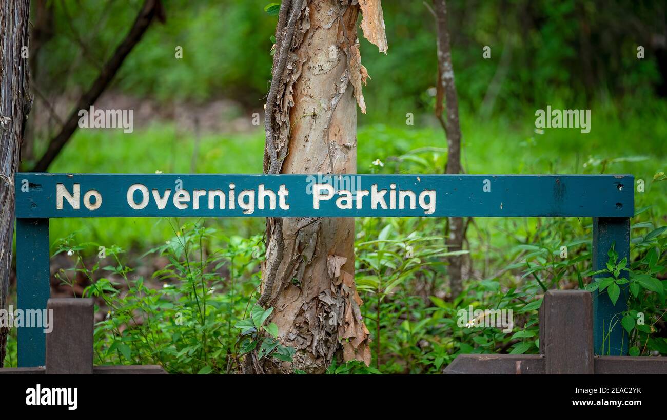 No Overnight Parking sign in a forest car park Stock Photo Alamy