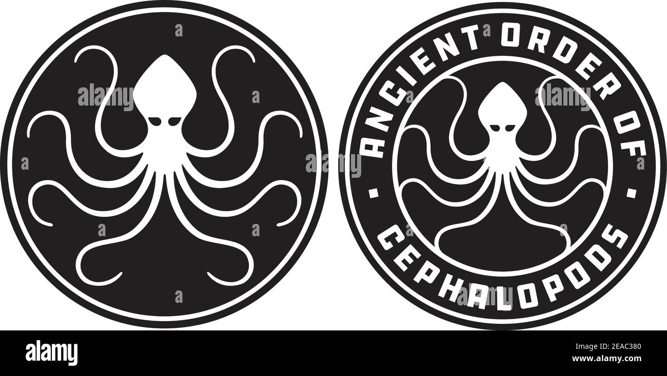 Octopus badge, logo, or emblem designs. Set of two vector badges with 8 curling tentacles spread within a circle. Stock Vector