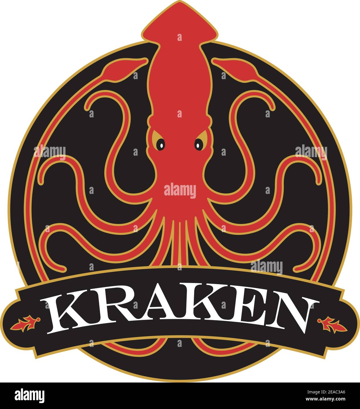 Kraken or Giant Squid badge, logo, or emblem design with ornate banner. Vector illustration with 10 curling tentacles creating circle design. Stock Vector
