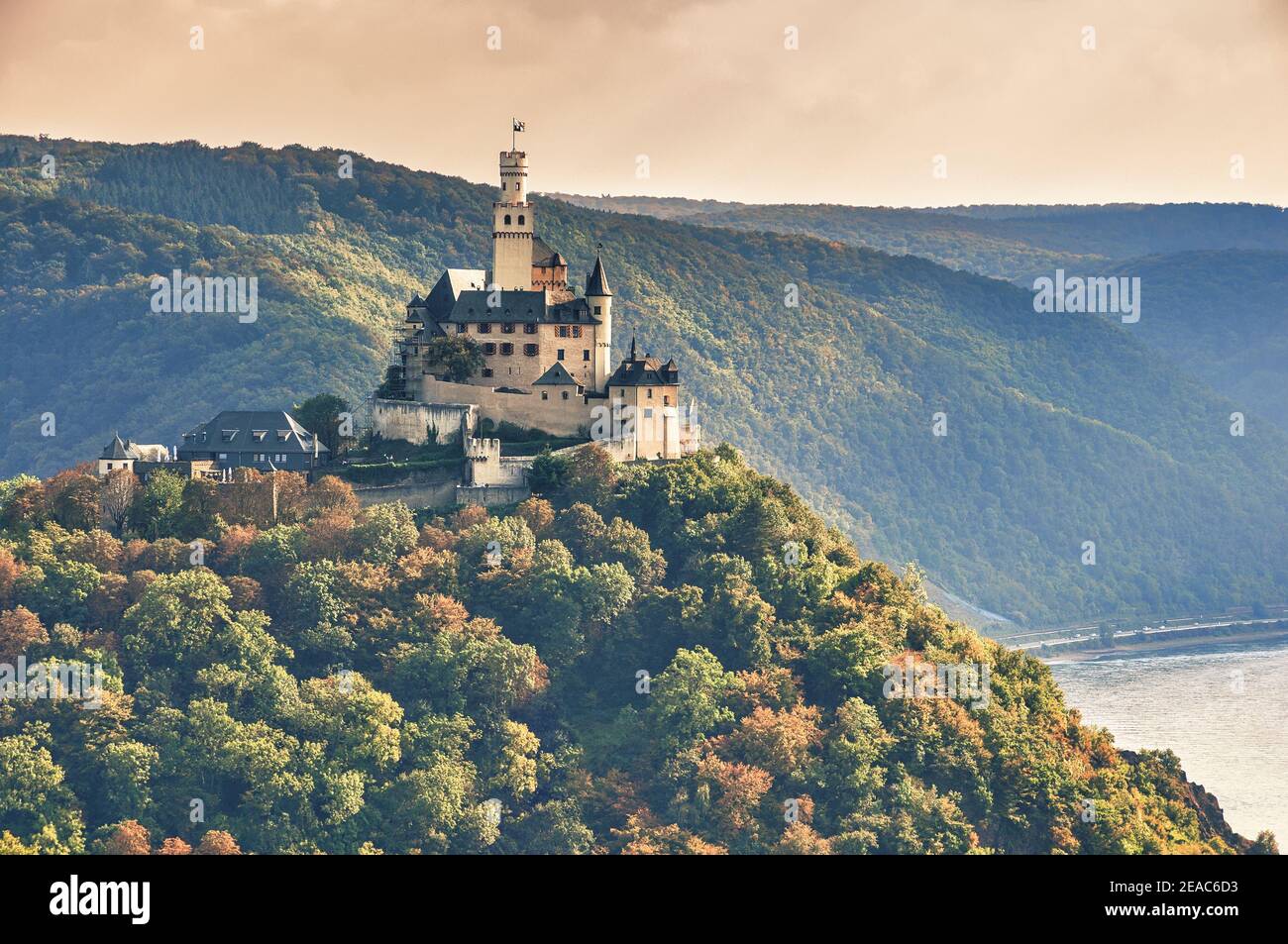 Germany, Marksburg, Braubach, slate cone, middle ages, toll castle, Hague convention, hill castle, Stock Photo