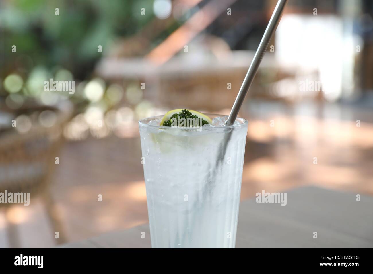 Lemonade , lemon drink with ice on table Stock Photo