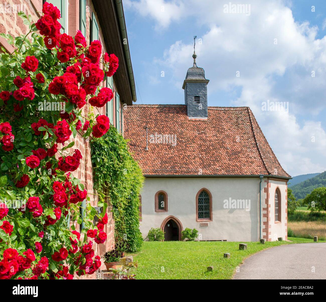 Germany, Bavaria, Amorbach, Amorsbrunn chapel, healing spring of divine love - Sancti amoris fons, a former spring place of worship. Amorbach in the Miltenberg district is located in the Hinterer Odenwald of the Bergstrasse-Odenwald geo-nature park, on Siegfriedstrasse and on the Limes cycle path. Stock Photo