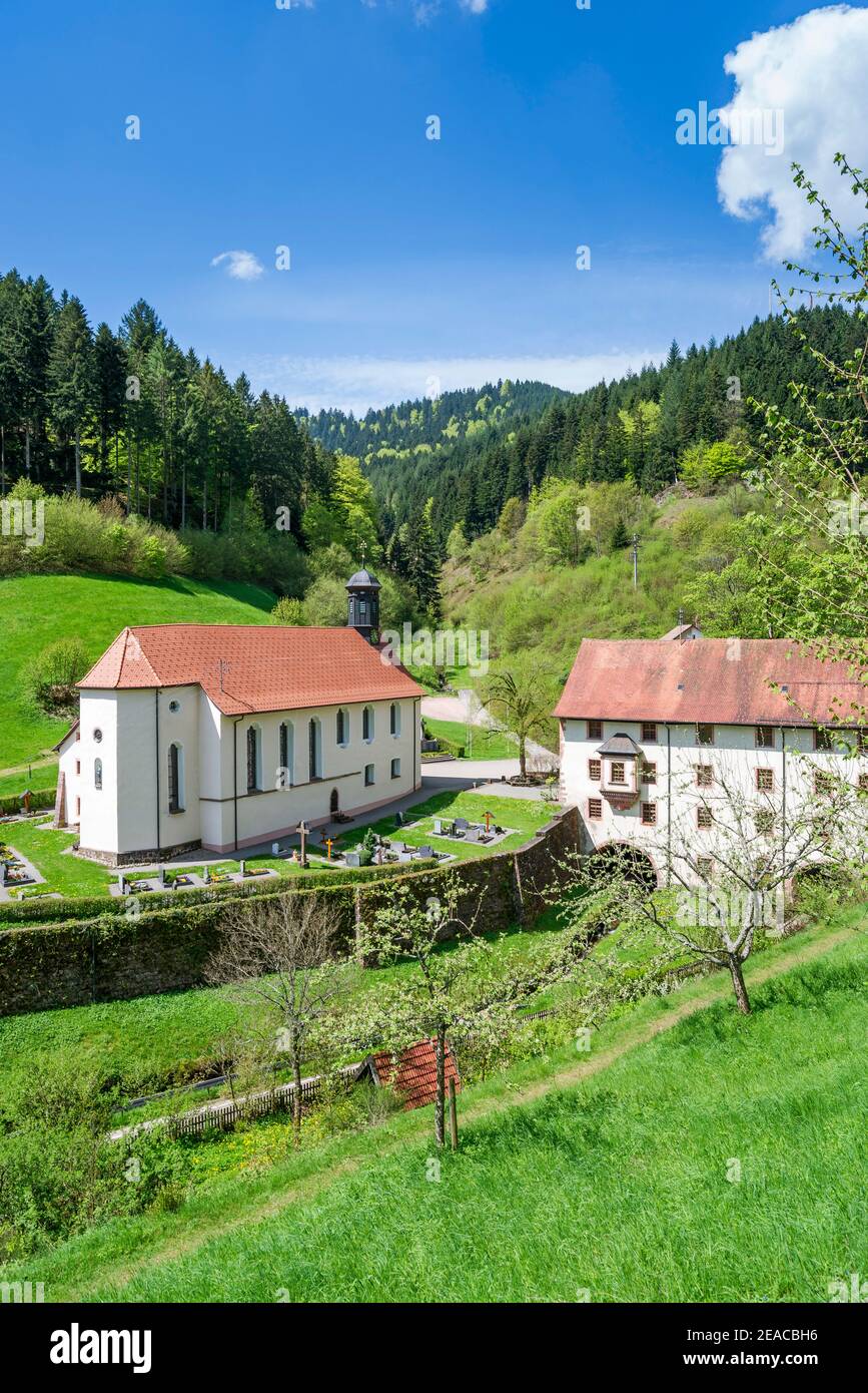 Germany, Baden-Wuerttemberg, Schenkenzell, Wittichen Monastery, monastery church and nave, today community center. Luitgard von Wittichen was the founder of the former Poor Clare Monastery in 1324. It is idyllically situated in a side valley of the Kleine Kinzig on Hansjakobweg in the Black Forest Central / North Nature Park. Stock Photo