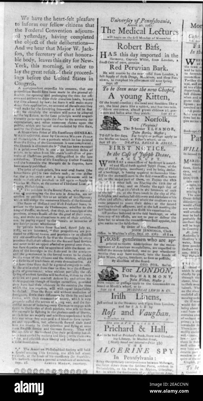 Newspaper articles and notices printed in 1787 during the Constitutional Convention in Phila. Stock Photo
