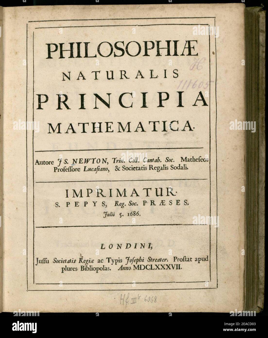 Newton - Principia (1687), title, p. 5, color. Stock Photo