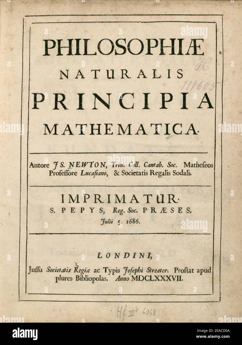Newton - Principia (1687), title, p. 5, cropped. Stock Photo