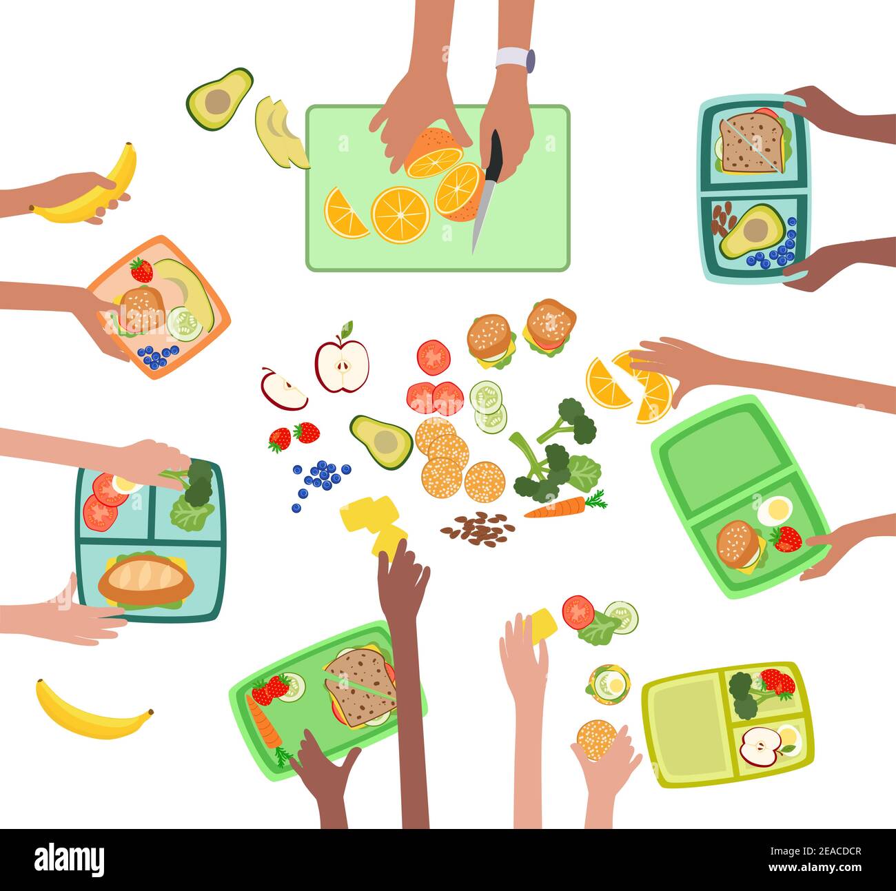 Children hands making fresh healthy lunch or picnic for kids school lunchbox grouped and layered vector easy to edit Stock Vector