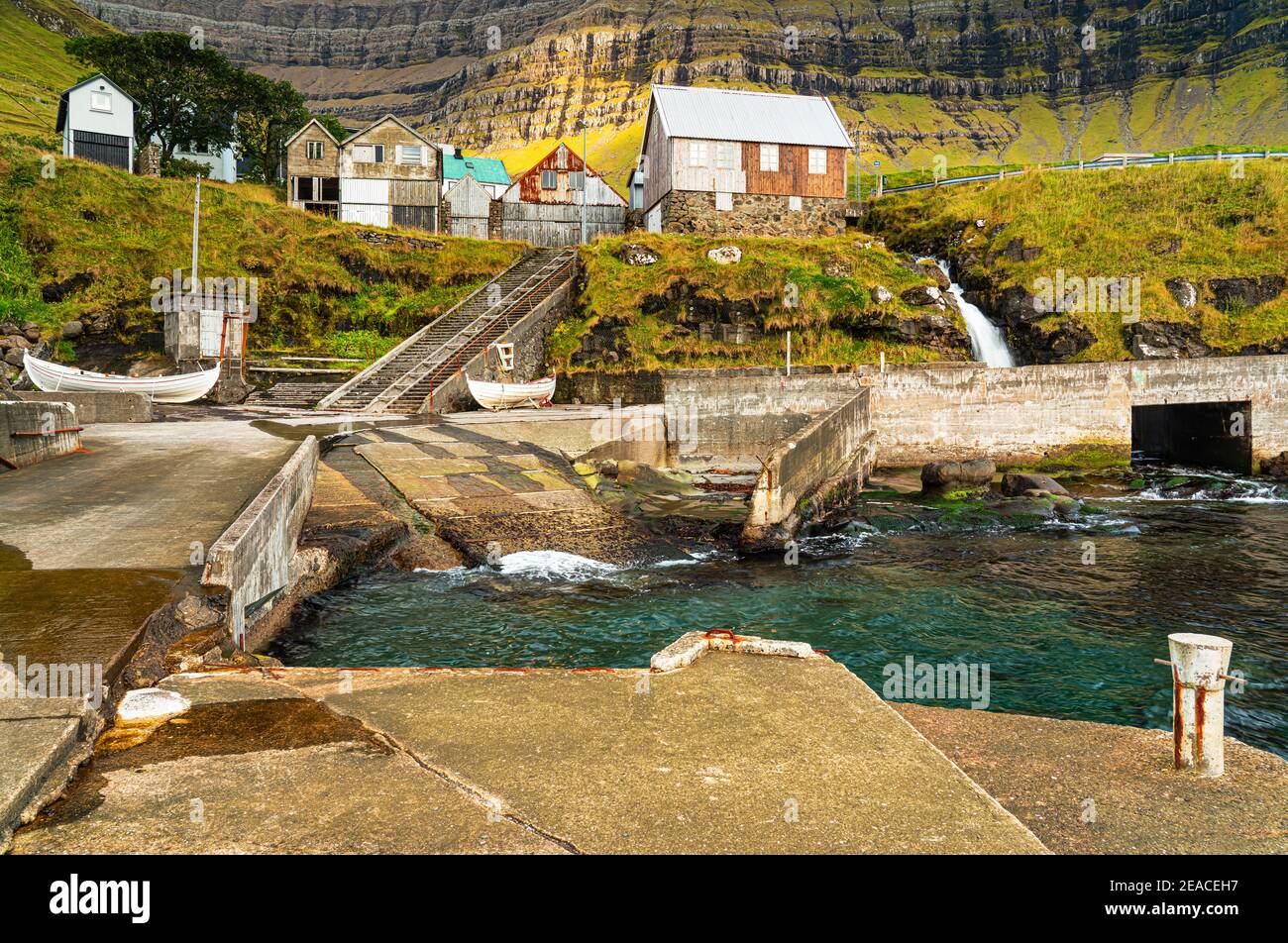 Harbor impression in Kunoy, Kunoy Island, Faroe Islands Stock Photo