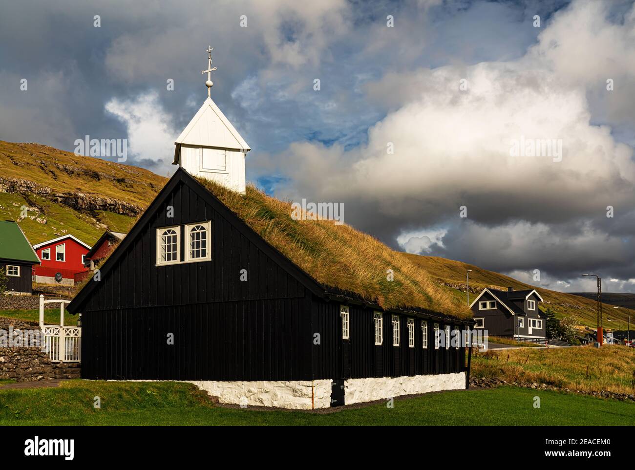 Church in Kollafjørður, Streymoy Island, Faroe Islands Stock Photo