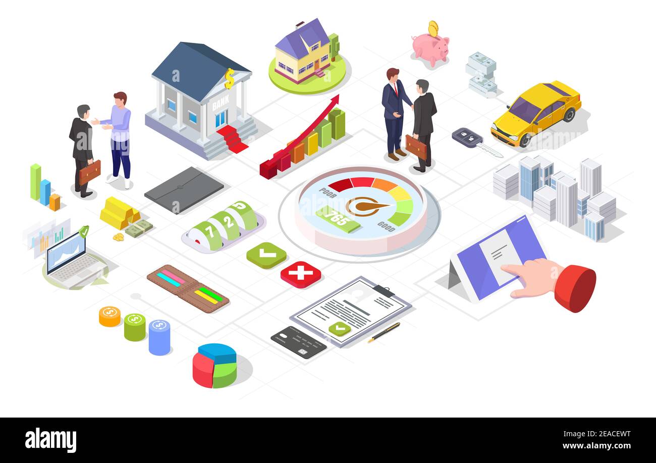 Bank loan processing isometric infographic, flat vector illustration. Credit scoring, customer credit rating symbols. Stock Vector