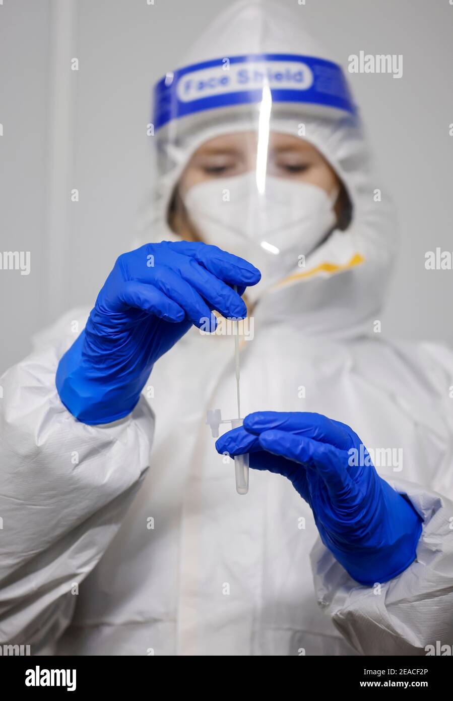 Cologne, North Rhine-Westphalia, Germany - Covid rapid test in a parking garage, at the Medicare test center, customers drive to the drive-in counter for sampling, the swab on cotton swabs is then placed in a carrier solution. Stock Photo