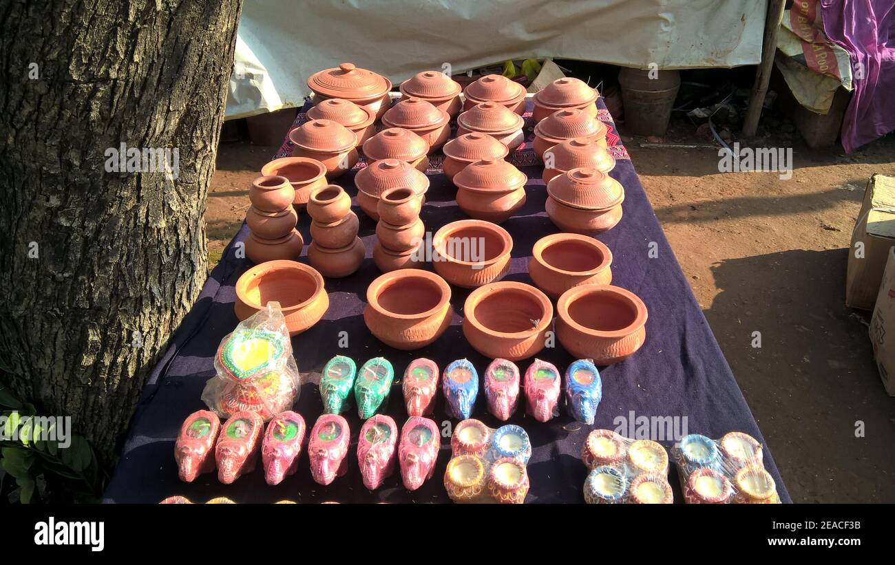 stocked decorated earthen pots for multipurpose use Stock Photo