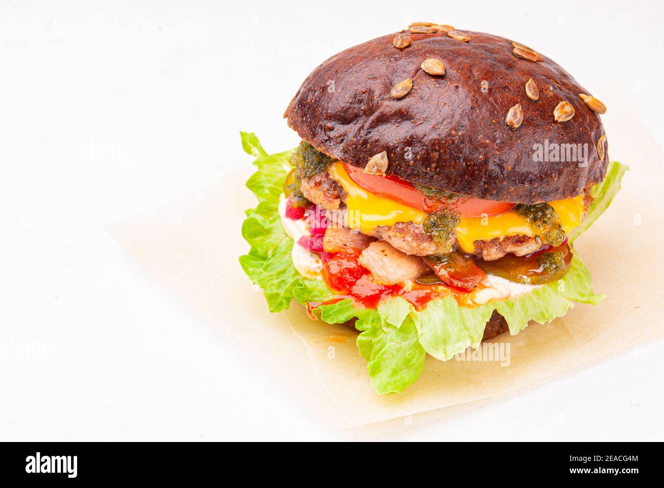 rye bun hamburger on the white background Stock Photo