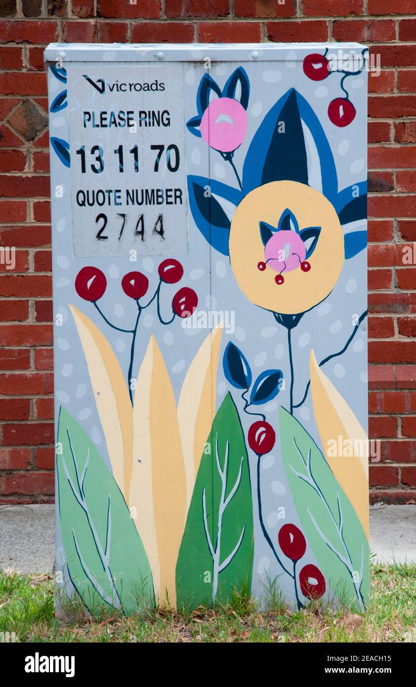 Street art mural enlivens many of the traffic signal boxes around the Glen Eira municipality in suburban Melbourne, Australia Stock Photo