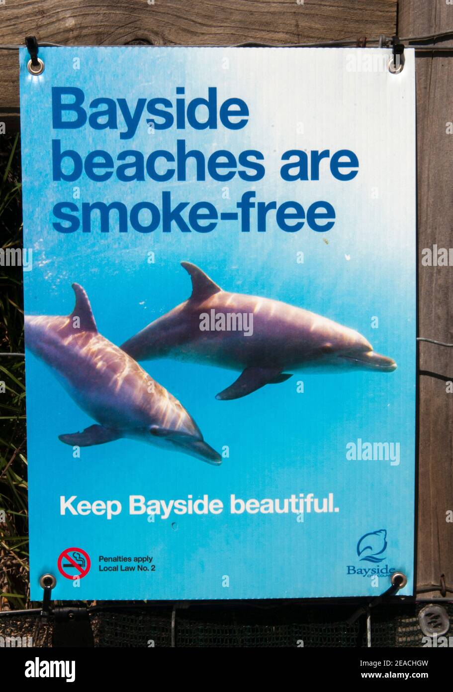 No-smoking notice at Ricketts Point, Port Phillip Bay, Melbourne, Australia Stock Photo
