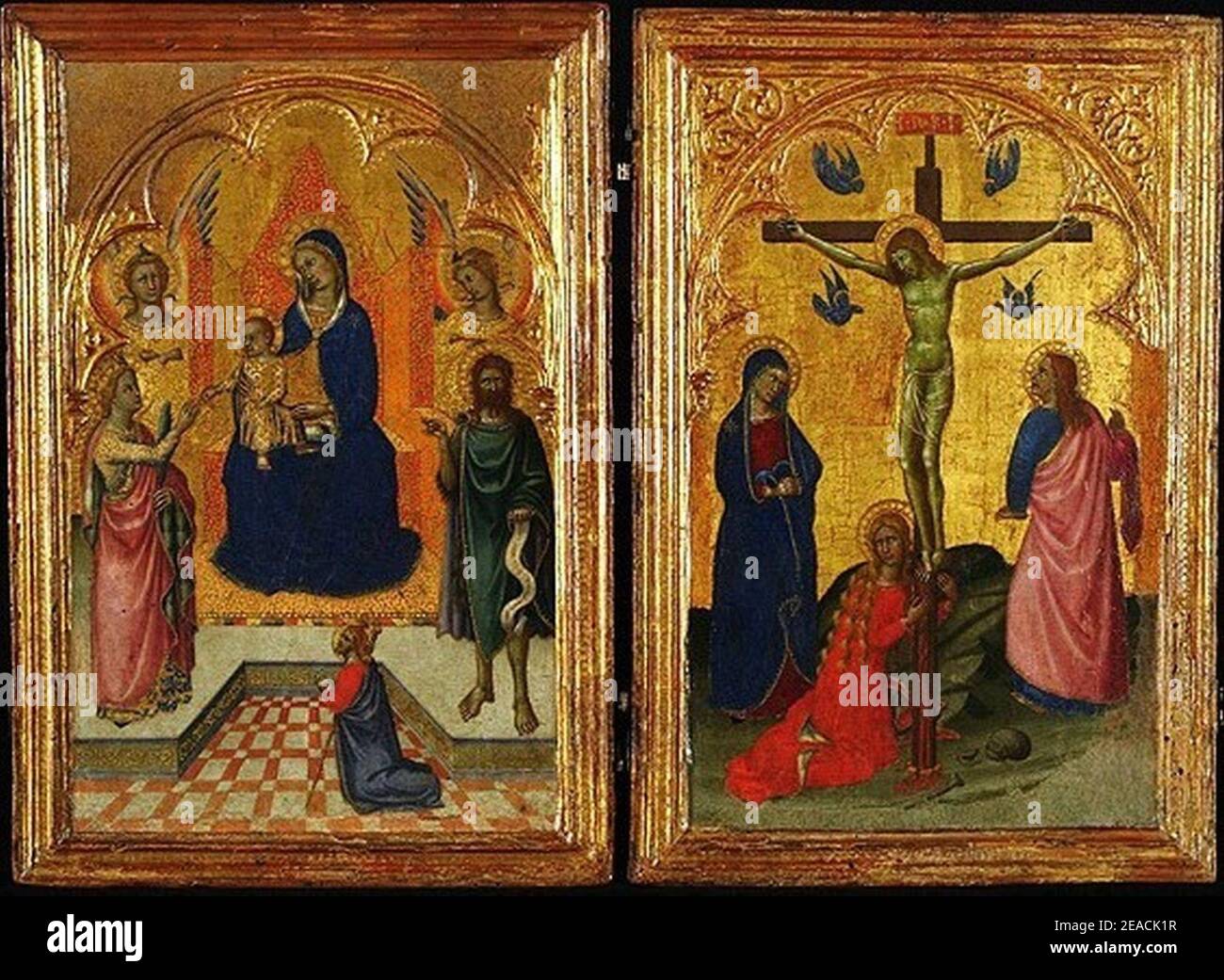 Niccolo di Buonaccorso. Mystic Marriage of st Catherine and Crusifiction 1380 L'Aquila, Stock Photo