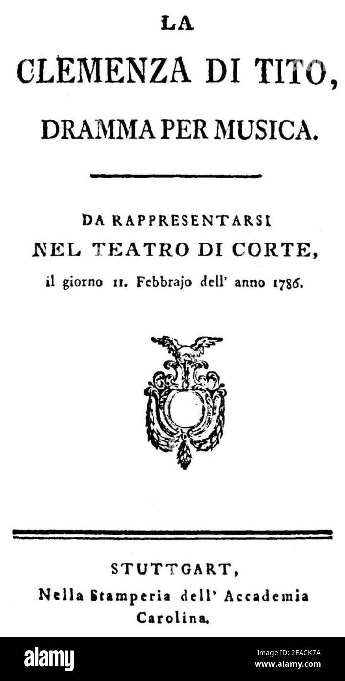 Niccolò Jommelli - La Clemenza di Tito - italian titlepage of the libretto - Stuttgart 1786. Stock Photo