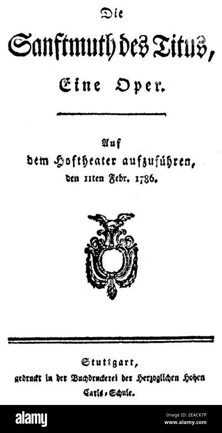 Niccolò Jommelli - La Clemenza di Tito - german titlepage of the libretto - Stuttgart 1786. Stock Photo