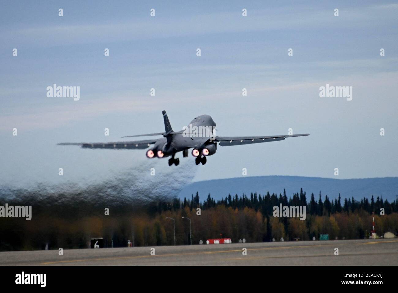 Handout file photo dated September 14, 2020 of aB-1 Lancer departs Eielson Air Force Base, Alaska, , on its way to Europe in support of a Bomber Task Force mission. The US Air Force is deploying B-1 bombers to Norway for the first time in a move that sends a clear message to Moscow that the US military will operate in the strategically important Arctic region and demonstrate that it will defend allies in the area against any Russian aggression close to the country's border. Four US Air Force B-1 bombers are being deployed to Orland Air Base in Norway, and within the next three weeks, missions Stock Photo