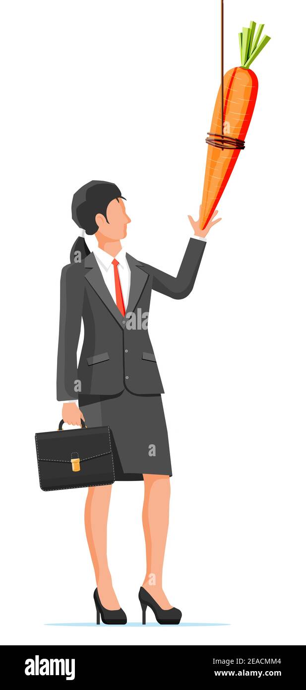 Carrot on a stick and businesswoman. Motivation, stimulus, incentive