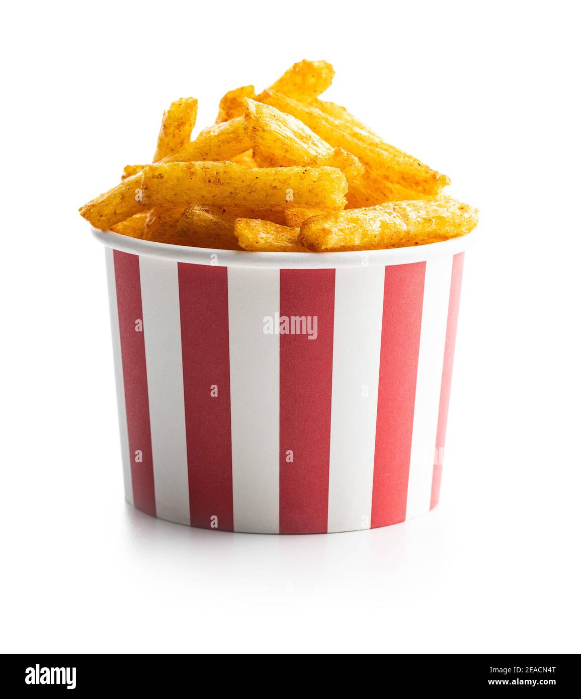 French fries. Salted snack. Potato chips in paper cup isolated on white