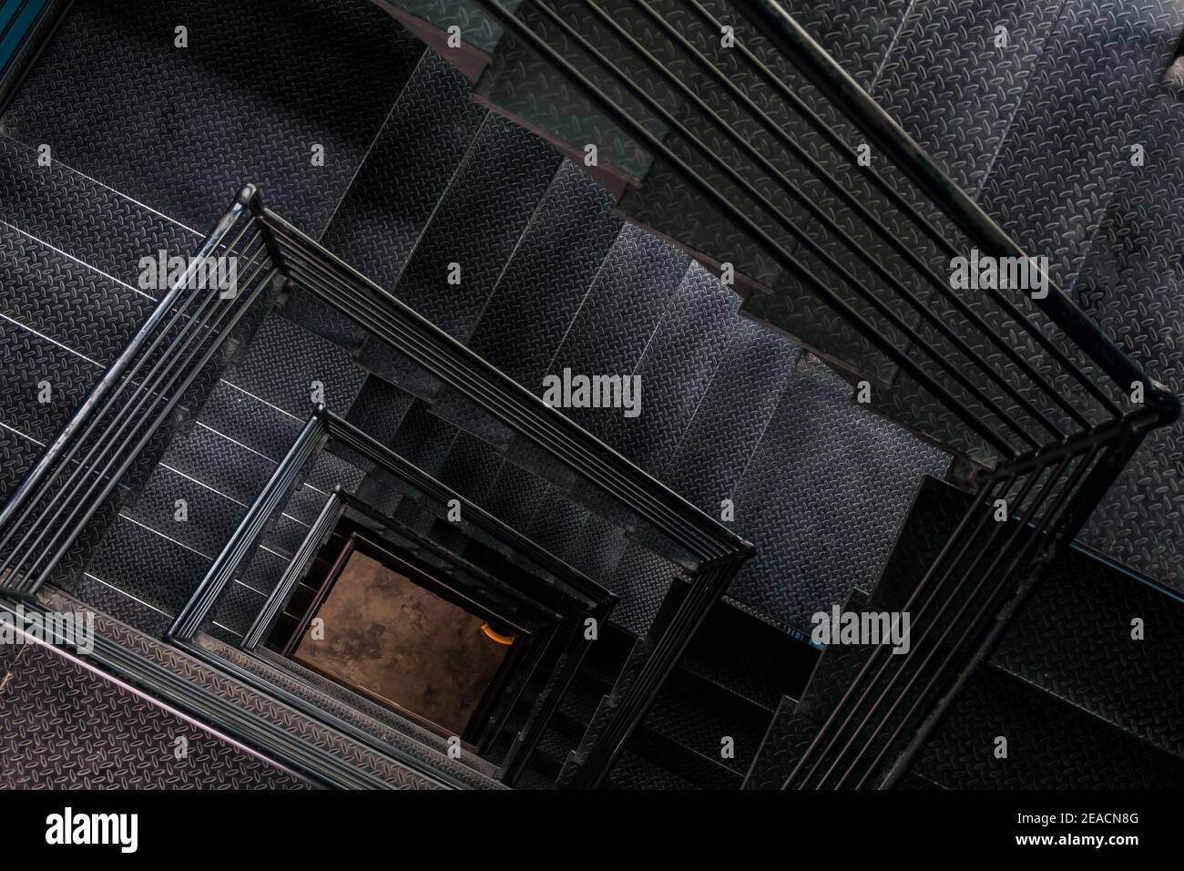 Square steel stairwell view from the top. Stock Photo