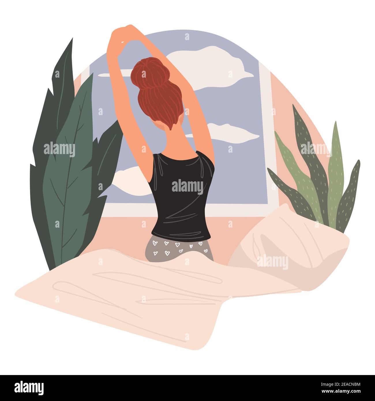 Woman waking up in morning, stretching female Stock Vector