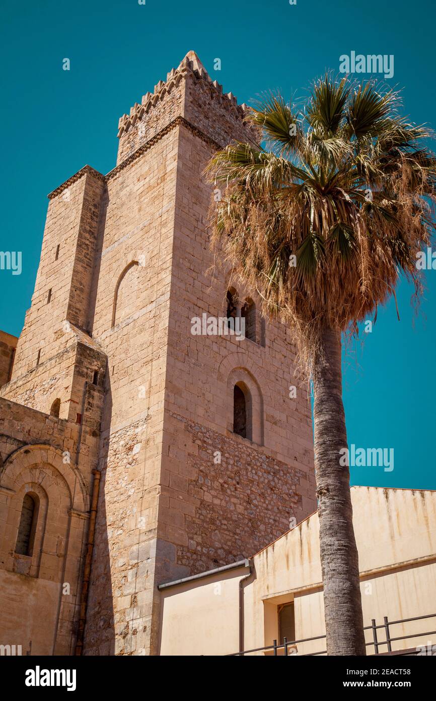 Cathedral of San Salvatore, tower, church, Cefalu, Sicily, Italy Stock Photo