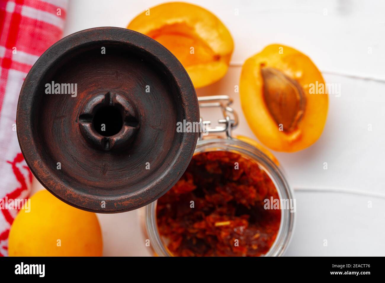 Empty hookah shaft close up on table with fresh fruit Stock Photo