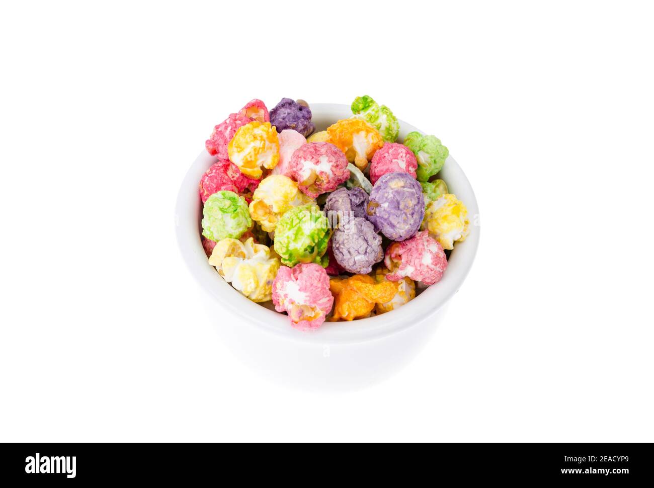 Sweet multicolor caramel Popcorn in white bowl. Studio Photo Stock Photo