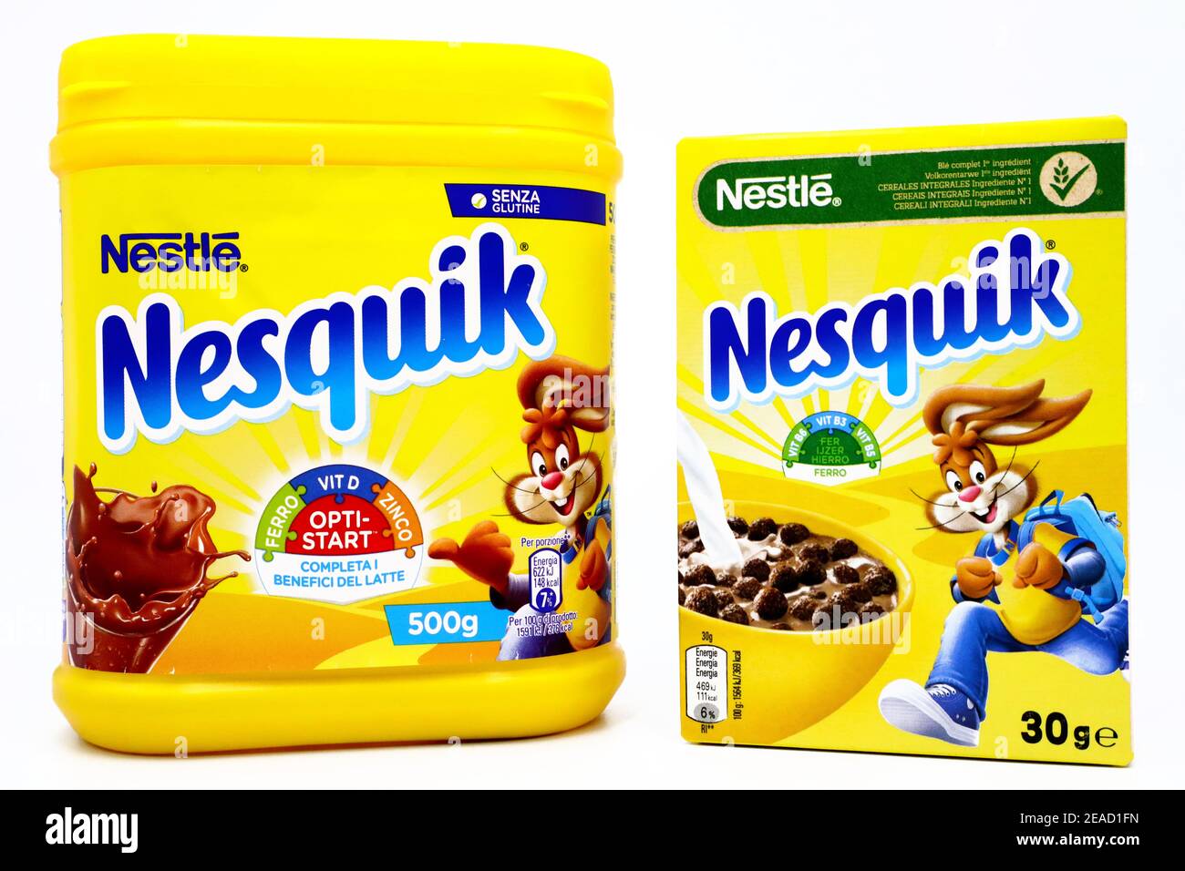 NESQUIK Chocolate Powder and NESQUIK Cereals box. Nesquik is a brand of