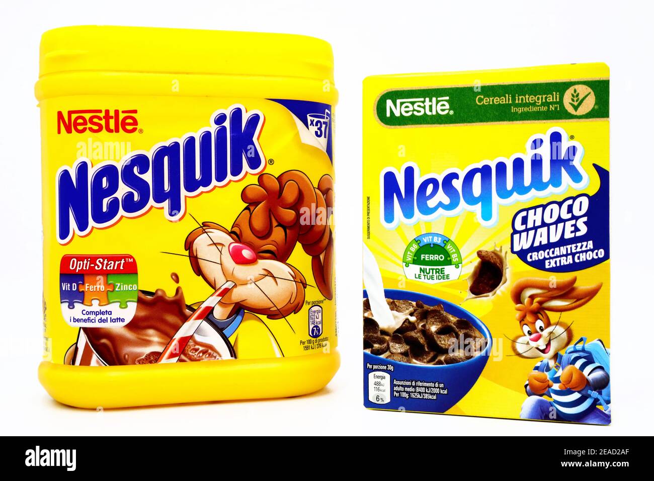 NESQUIK Chocolate Powder and NESQUIK Cereals box. Nesquik is a brand of