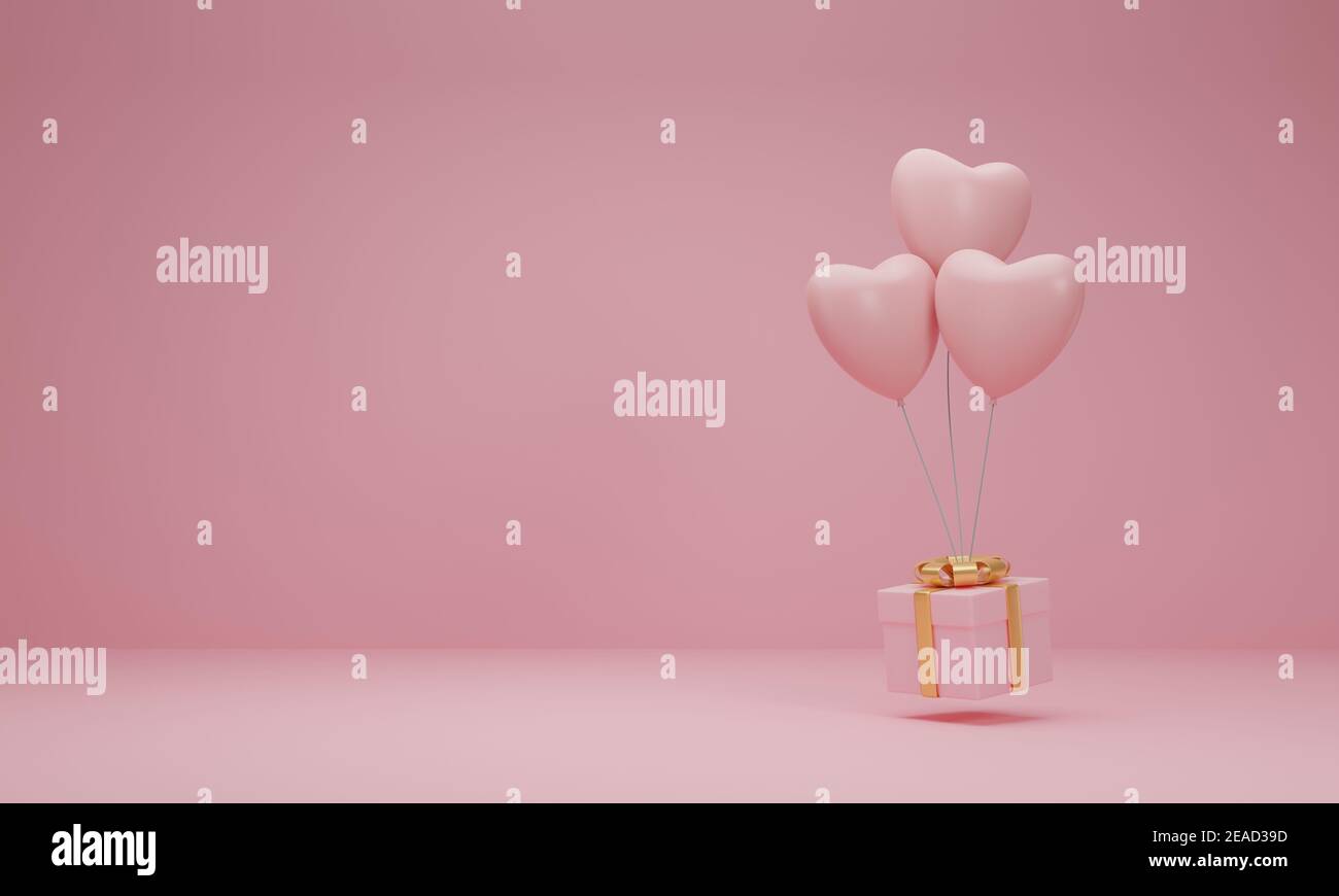 3d rendering. Pink gift box with golden ribbon and balloon heart on ...