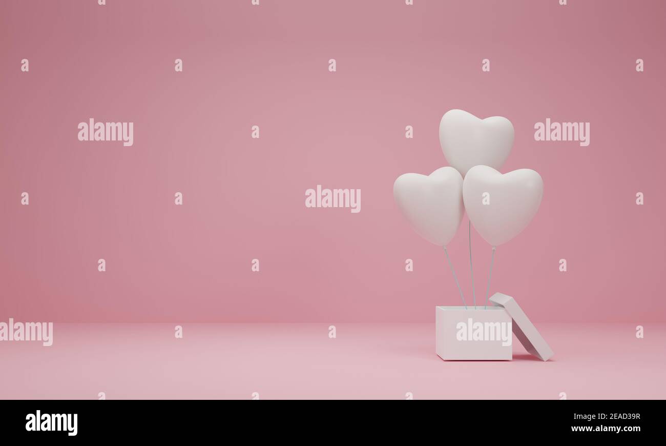 3d rendering. Open gift box with balloon heart on pastel pink ...