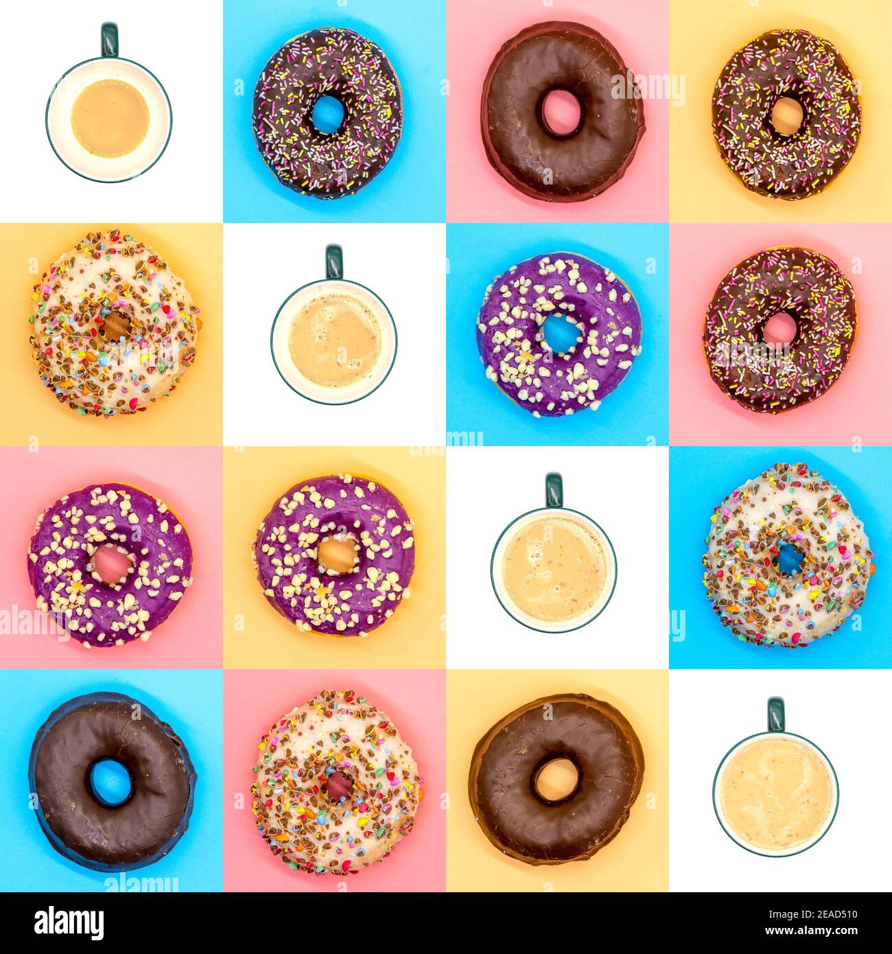 top view collage of coffee cup and various donuts Stock Photo
