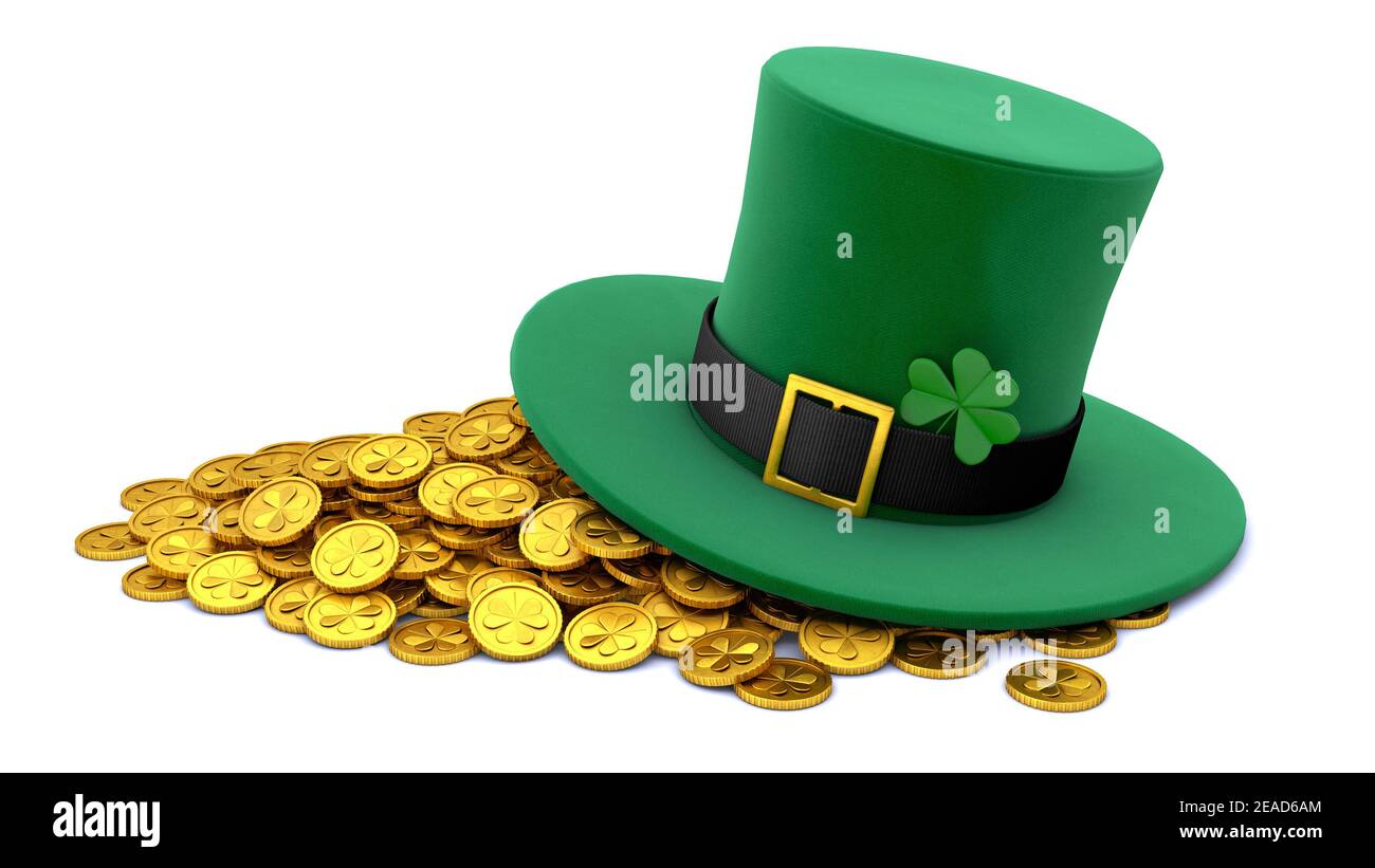 St. Patrick's Day. Green Leprechaun Hat with Clover and a lot of gold ...