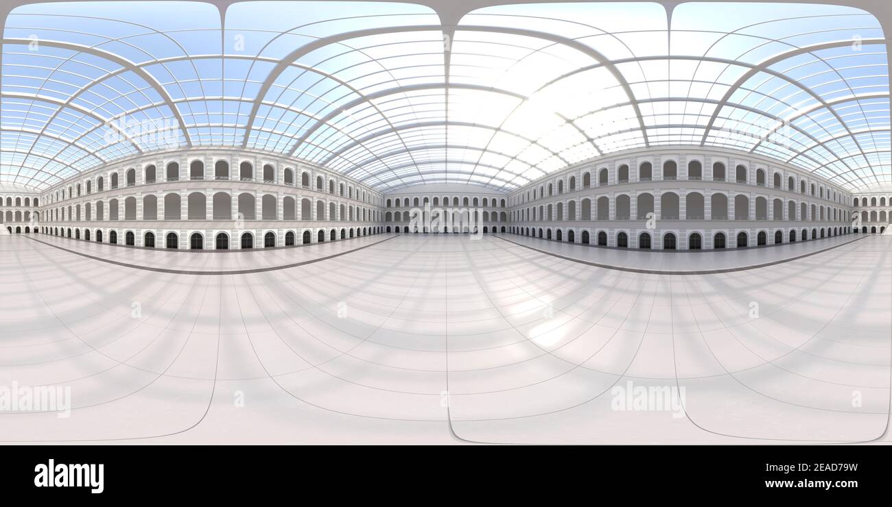 Full spherical hdri panorama 360 degrees of empty exhibition space. backdrop for exhibitions and events. Tile floor. Marketing mock up. 3D render illu Stock Photo