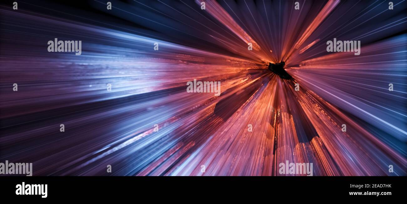 Abstract background, vanishing point, futuristic hyperspace, science fiction velocity concept, bright lines light streaks 3D illustration rendering Stock Photo