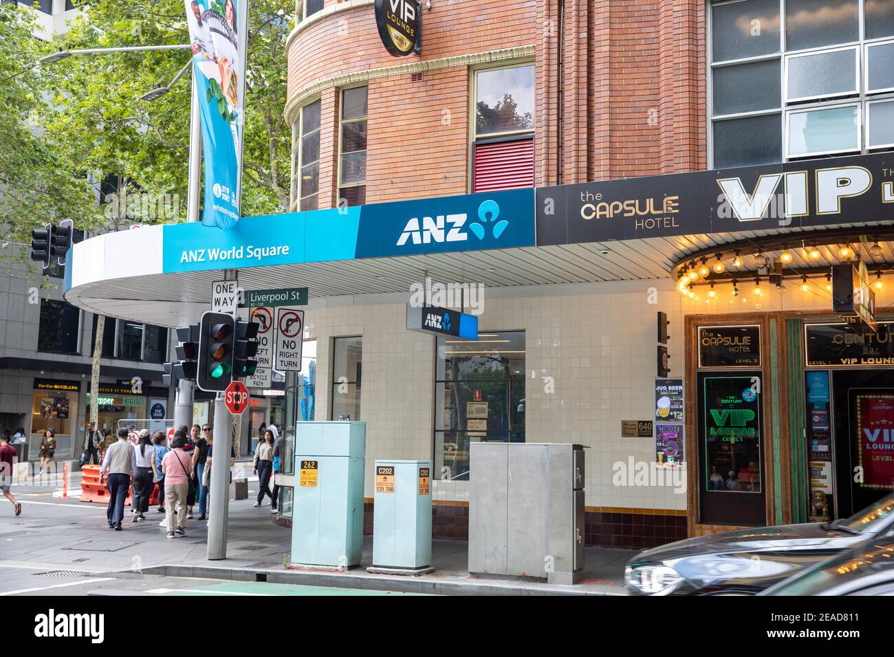 ANZ bank branch and capsule hotel and bar at World Square in Sydney city centre,NSW,Australia