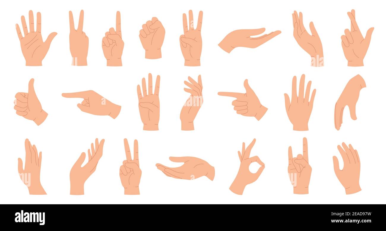 Hands poses. Female hand holding and pointing gestures, fingers crossed, fist, peace and thumb up. Cartoon human palms and wrist vector set Stock Vector