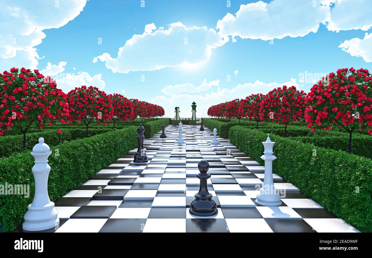 Maze garden 3d render illustration. Chess, trees with red flowers and clouds in the sky. Alice in wonderland theme. Stock Photo