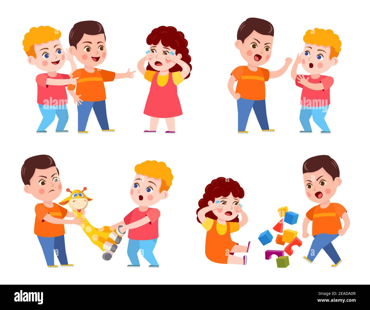 Bully child. Cartoon bad kid fight and mock crying girl. Verbal and physical bullying. Problem behavior children in kindergarten vector set Stock Vector