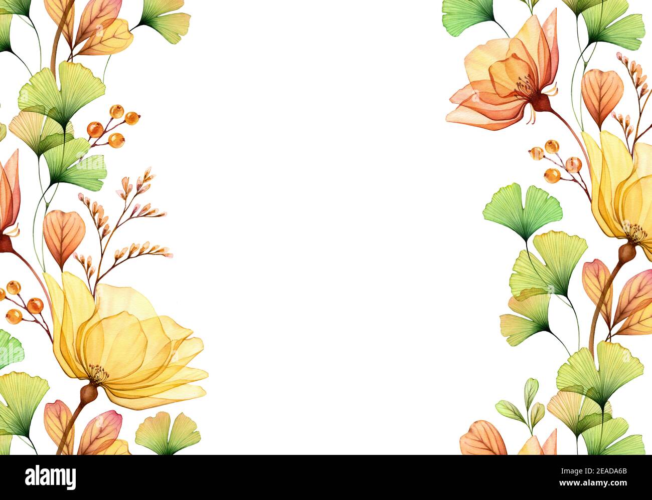 Watercolor floral background. Abstract yellow roses, gingko leaves and