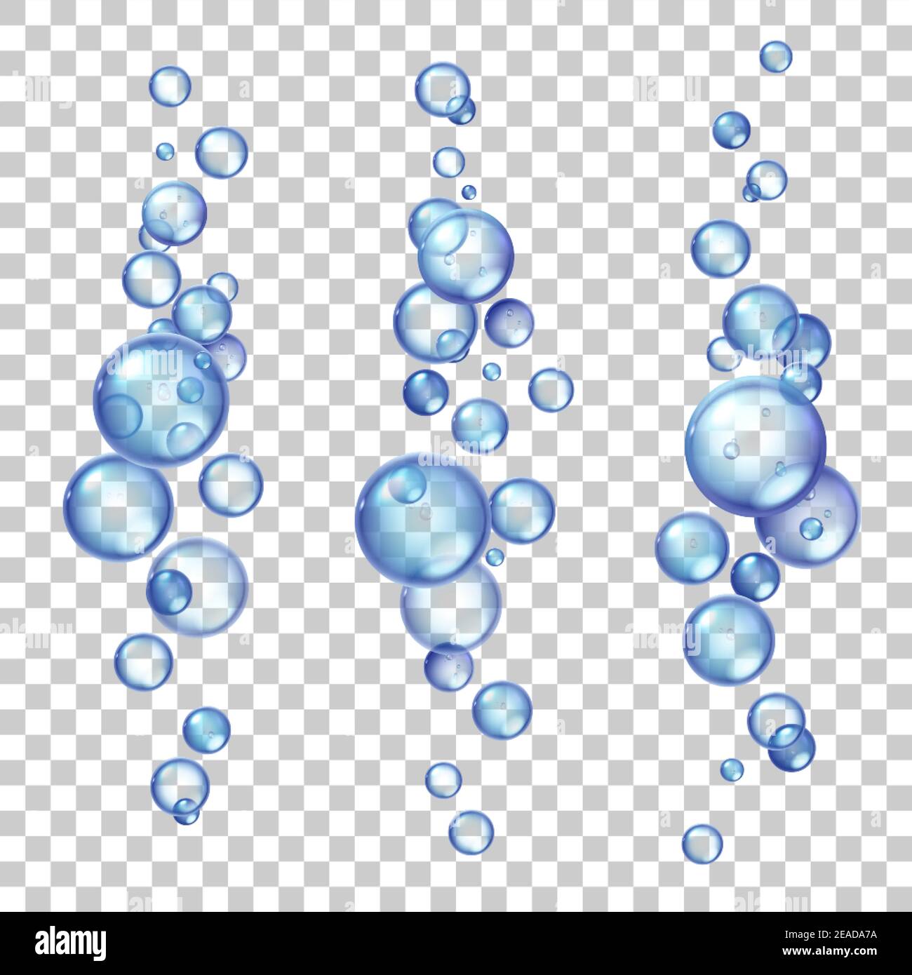 Underwater air bubbles. Fizzing gas flying in water or soda drink. Realistic soap or oxygen bubble group flow in sea or aquarium vector set Stock Vector